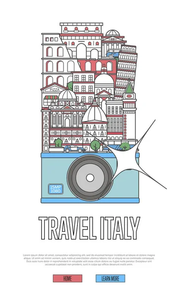 Cartel Travel Italy Con Famosas Atracciones Arquitectónicas Cámara Grande Viajar — Vector de stock