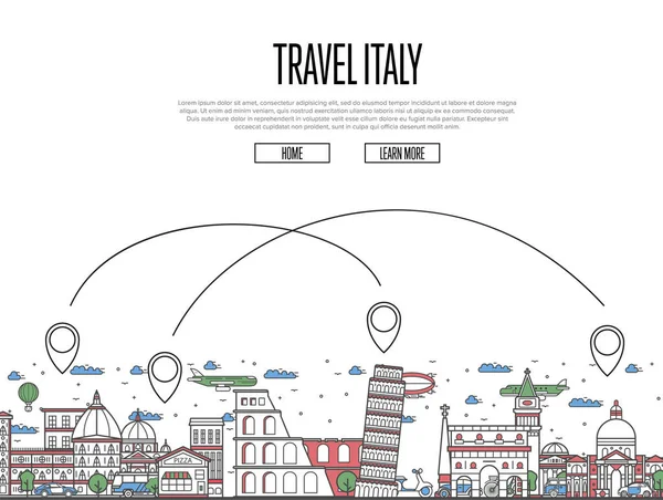 Cartel Travel Italy Con Atracciones Arquitectónicas Nacionales Símbolos Ruta Aérea — Archivo Imágenes Vectoriales