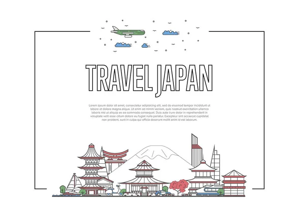 带着线性风格的著名建筑风格游览日本海报 全球旅行和时间旅行的概念 日本地标 城市天际线 全球旅游业和旅行媒介背景 — 图库矢量图片