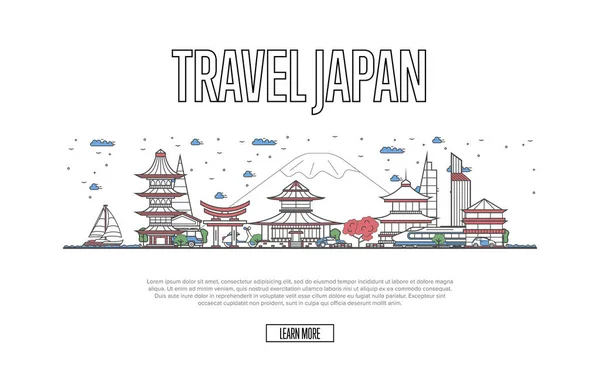 Cartel Viaje Por Japón Con Atracciones Arquitectónicas Estilo Lineal Viajar — Vector de stock
