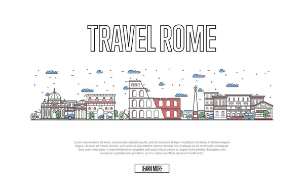 Travel Rome poster with architectural attractions in linear style. Worldwide traveling and time to travel concept. Roman skyline with famous landmarks, italian tourism and journey vector background