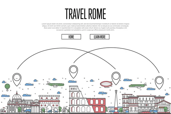 トレンディーな線形スタイルで国の建築の観光スポットや航空ルートのシンボルとローマのポスターを旅行 白い背景にローマの有名なランドマーク 世界的な気道の観光ベクトル図 — ストックベクタ