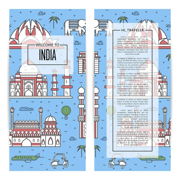 India Traveling Flyers Set Famous Monuments Touristic Tour Vector Advertising — Stock Vector