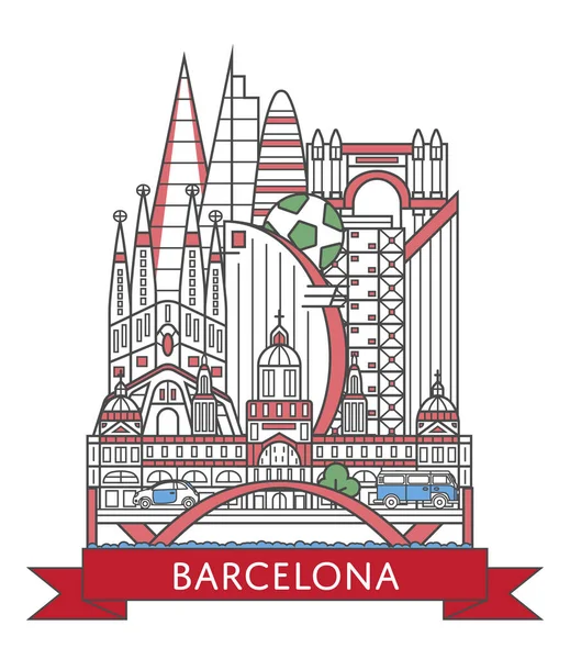 Afiche Travel Barcelona Con Atracciones Arquitectónicas Nacionales Estilo Lineal Moda — Vector de stock