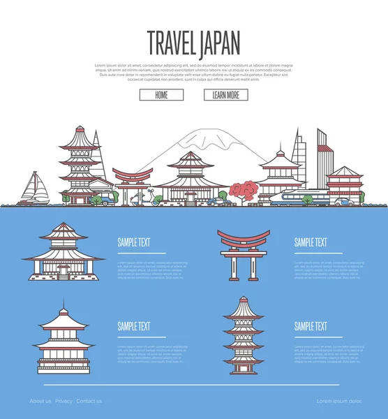 線形スタイルで最も重要な建築的観光スポットと国日本旅行休暇ガイドします 国の有名なランドマークと日本のスカイライン 世界中を旅し旅するベクトルコンセプト — ストックベクタ