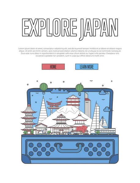 Explorez Affiche Japon Avec Les Célèbres Attractions Architecturales Valise Ouverte — Image vectorielle