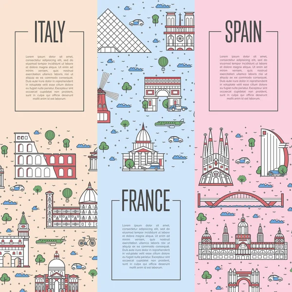 Европейские Туристические Плакаты Архитектурными Памятниками Испании Франции Италии Линейном Стиле — стоковый вектор