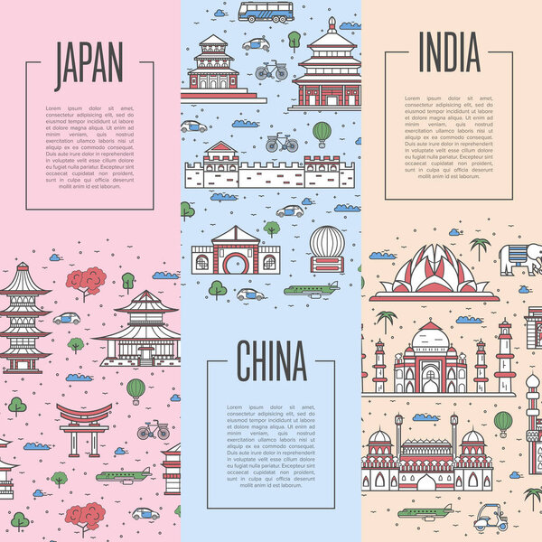 World traveling tour posters with Japan, India and China architectural monuments in linear style. Touristic trip advertising, famous historic attractions. Asian tourism, time to travel concept.