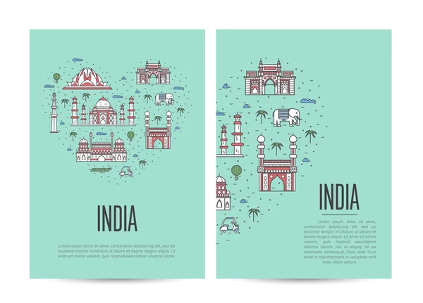 India Folleto Viaje Conjunto Con Famosas Atracciones Arquitectónicas Diseño Vectores — Vector de stock