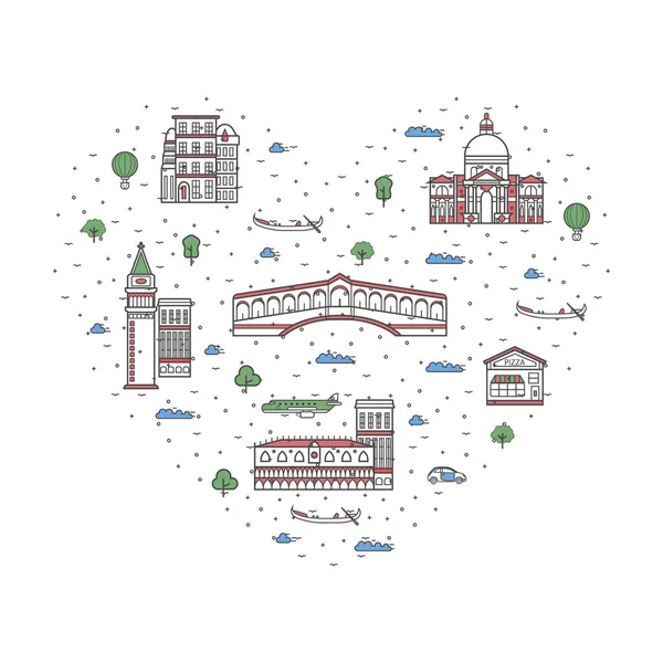 Люблю Плакат Венички Национальным Архитектурным Символом Сердечной Рамке Исторические Итальянские — стоковый вектор