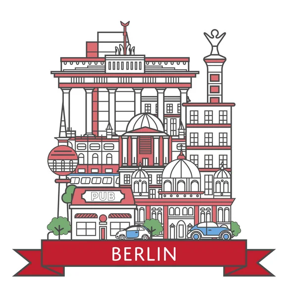 Afiche Viaje Por Berlín Con Atracciones Arquitectónicas Nacionales Estilo Lineal — Vector de stock