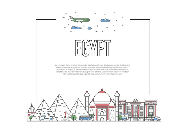Cartel Viaje Egipto Con Famosas Atracciones Arquitectónicas Estilo Lineal Viajar — Vector de stock