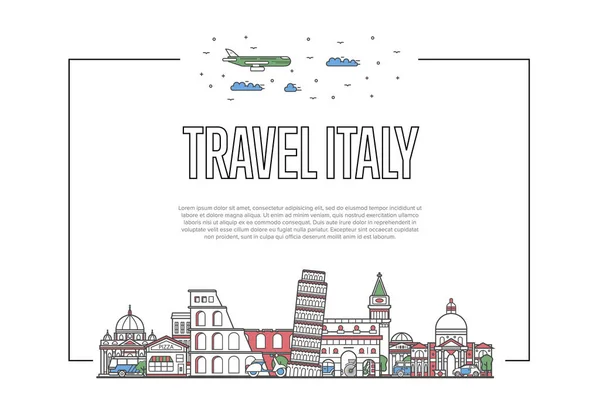 Cartel Travel Italy Con Famosas Atracciones Arquitectónicas Estilo Lineal Viajar — Vector de stock
