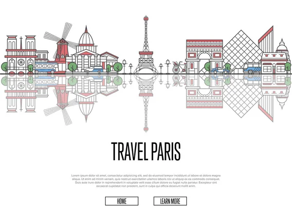 Travel Tour Paris Poster Famous Architectural Attractions Linear Style Worldwide — Stock Vector