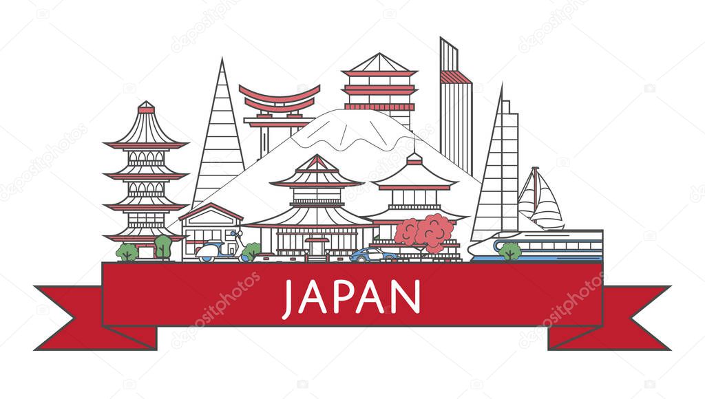 Travel Japan poster with national architectural attractions in trendy linear style. Japanese famous landmarks on white background. Country tourism advertising and worldwide voyage vector concept.