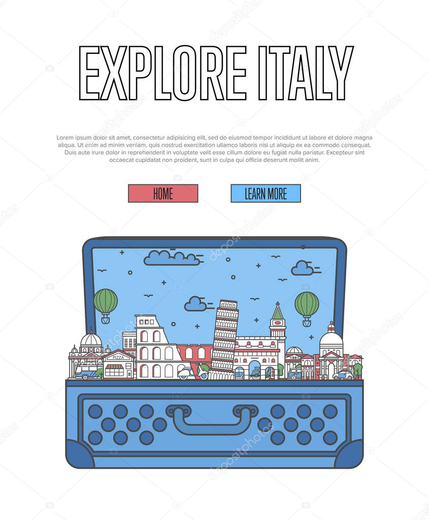 Explore Italy poster with famous architectural attractions in open suitcase. Worldwide traveling and time to travel vector concept in linear style. Italian national landmarks, tourism and journey