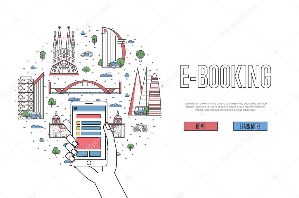 E-booking poster with spanish famous architectural landmarks in linear style. Online tickets ordering, mobile payment concept with smartphone in hand. World traveling, Spain historic attractions