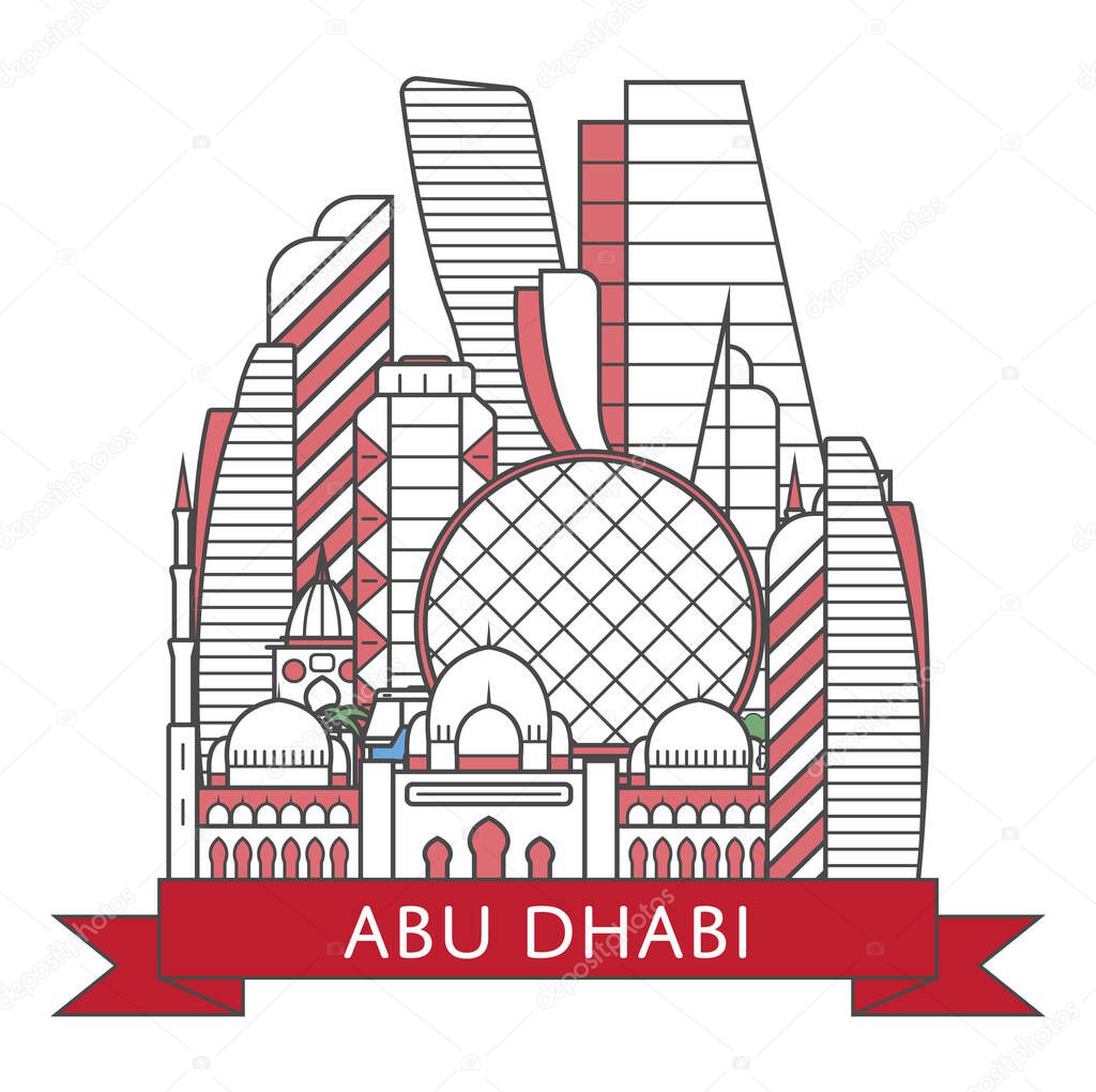 Travel Abu Dhabi poster with national architectural attractions in trendy linear style. Abu Dhabi famous landmarks on white background. Arab Emirates tourism advertising, middle east voyage vector