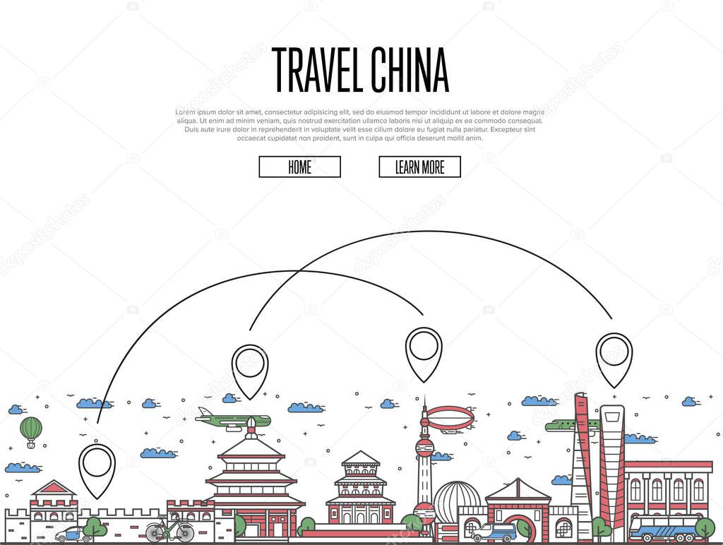 Travel China poster with national architectural attractions and air route symbols in trendy linear style. Chinese famous landmarks on white background. Worldwide airway tourism vector illustration.
