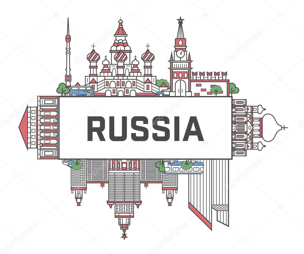 Travel Russia poster with national architectural attractions in trendy linear style. Moscow famous landmarks and traditional symbols on white background. Russian tourism and journey vector concept.