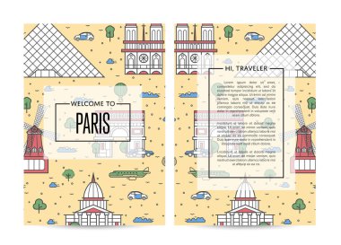Ünlü anıtlarla dolu Paris gezici afişleri ve metin için yer. Seyahat acentesi için turistik tur vektör reklamı. Fransız mimari simgeleri ve doğrusal tarzda geleneksel semboller.