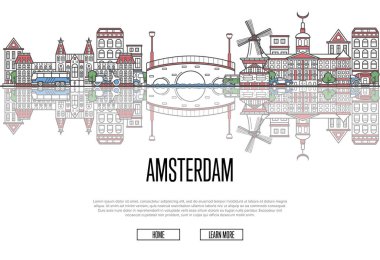 Amsterdam 'ın ünlü mimari çekimleri ve çizgisel tarzıyla seyahat edin. Hollanda ülke seyahati konsepti. Amsterdam tarihi simgeleri, şehir silüeti, Avrupa turizm vektörü arka planı