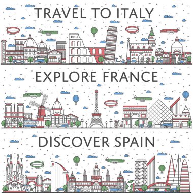 İtalyan, Fransız ve İspanyol panoramalarının olduğu Avrupa gezici posterleri. Turistik tur reklamları, dünyaca ünlü mimari gösterileri. Küresel turizm, seyahat kavramı.