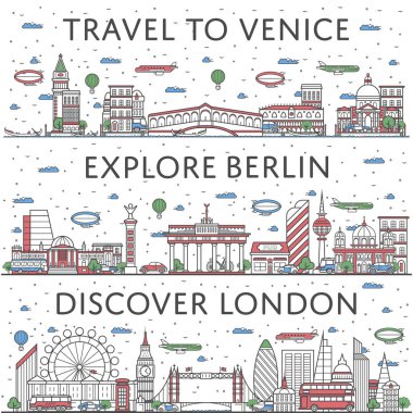 Berlin, Londra ve Venedik tarzı panoramalı Avrupa gezici posterleri. Turistik tur reklamları, dünyaca ünlü mimari gösterileri. Küresel turizm, seyahat kavramı.