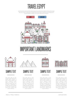 Mısır en önemli mimari cazibeyle trend doğrusal tarzda bilgi aktarımı yapar. Beyaz arka planda Mısır ulusal simgeleri. Dünya çapında seyahat ve seyahat vektörü kavramı.