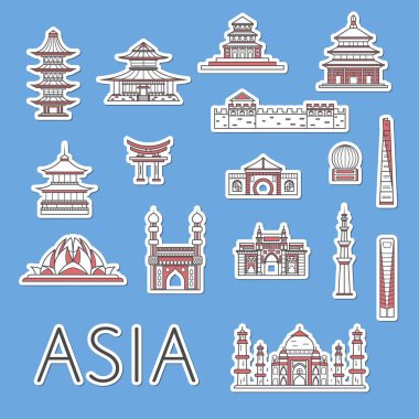Doğrusal tarzda ünlü mimari cazibeleri olan Asyalı seyahat etiketleri. Torii kapısı, Çin Seddi, Tac Mahal, mavi arka planda izole edilmiş pagoda sembolleri. Turistik reklamlar, dünya turizmi.
