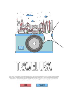 Büyük kamerada ünlü mimari çekimleri olan ABD posterini gezin. Dünya çapında seyahat ve zaman çizgisel olarak vektör konsepti seyahat etmek için. Amerikan ulusal simgeleri, dünya turizmi ve seyahati