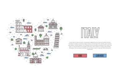 Kalp çerçeveli ünlü İtalya posterlerine bayılırım. İtalyan simgeleri ve beyaz arka planda geleneksel semboller. İtalya 'da seyahat turu lineer stilde vektör illüstrasyonları.