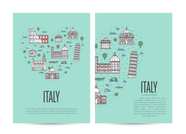 İtalya turne kitapçığı ünlü mimari etkinliklerle dolu. Seyahat acentesi için turistik reklam vektör planı, Avrupa turizmi. İtalyan simgeleri ve geleneksel semboller doğrusal stilde.