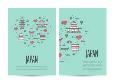 Japon seyahat tur kitapçığı ünlü mimari gösterilerle dolu. Seyahat acentesi için turistik reklam vektör planı, Asyalı turizm. Japon simgeleri ve geleneksel semboller doğrusal stilde.