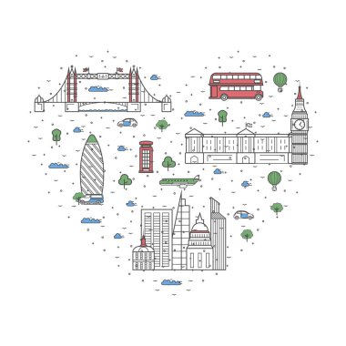 Kalp çerçevesinde ulusal mimari cazibesi olan Londra posterlerine bayılıyorum. Tarihi İngiliz tarihi simgeleri ve geleneksel semboller. Trend doğrusal tarzında turistik reklam vektörü düzeni.