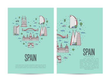 İspanya turne kitapçığı ünlü mimari etkinliklerle dolu. Seyahat acentesi ve Avrupa turizmi için turistik reklam vektör planı. Doğrusal tarzda İspanyol simgeleri ve geleneksel semboller.