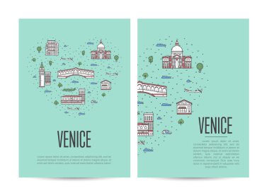 Venedik gezi kitapçığı ünlü mimari gösterilerle dolu. Seyahat acentesi için turistik reklam vektör planı, Avrupa turizmi. İtalyan simgeleri ve geleneksel semboller doğrusal stilde