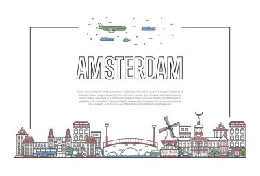 Amsterdam 'ın ünlü mimari çekimleri ve çizgisel tarzıyla seyahat edin. Hollanda seyahati ve seyahat konsepti. Amsterdam simgeleri, şehir silüeti, Avrupa turizm vektör arkaplanı