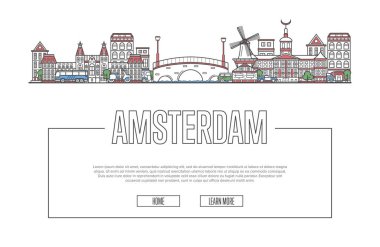 Amsterdam vektör kompozisyonu ve ünlü mimari simgelerle doğrusal olarak seyahat et. Hollanda seyahati, seyahat konsepti. Amsterdam 'da beyaz arka plan ve Avrupa turizmi üzerine tarihi etkinlikler