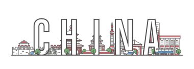 Çin seyahat harfleri ünlü mimari simgelerle doğrusal olarak. Asya seyahati ve seyahat konsepti. Çin simgeleri, şehir silüeti, turistik tur reklam vektörü şablonu