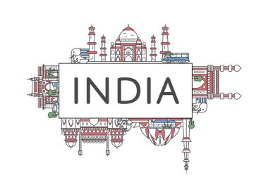 Mimari çekimleri moda doğrusal tarzında olan Hindistan posterini gezin. Hindistan 'ın ünlü simgeleri ve beyaz arka planda geleneksel semboller. Küresel turizm ve seyahat vektörü kavramı.