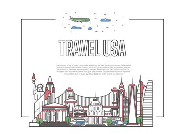 Lineer tarzda ünlü mimari çekimleri olan ABD posterini gezin. Dünya çapında seyahat ve seyahat konsepti. Amerikan simgeleri, şehir silüeti, küresel turizm ve seyahat vektörü arka planı.