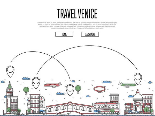 Cartel Viaje Venecia Con Atracciones Arquitectónicas Nacionales Símbolos Ruta Aérea — Vector de stock