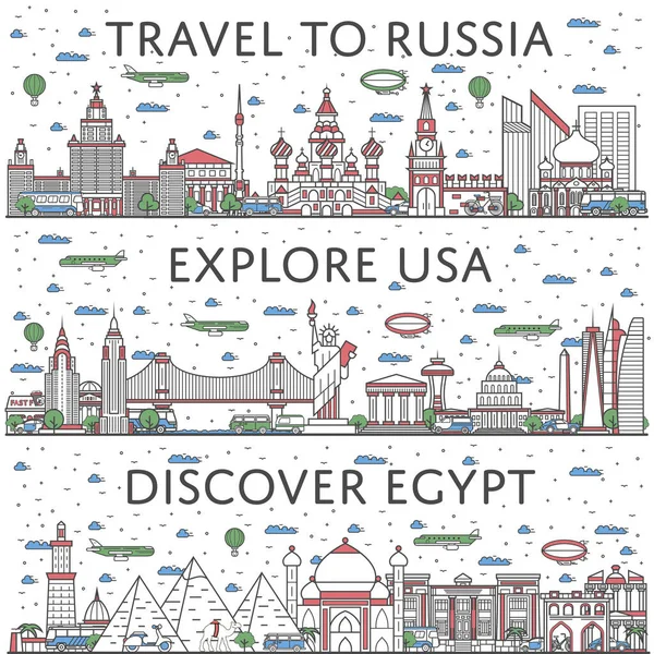 全球旅行海报与埃及 俄罗斯和美国城市全景线性风格 旅游广告 世界著名的建筑景点 全球旅游和旅行概念 — 图库矢量图片