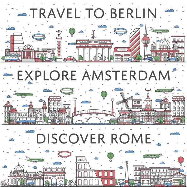 Manifesti Itineranti Europei Con Panorami Berlino Amsterdam Roma Stile Lineare — Vettoriale Stock