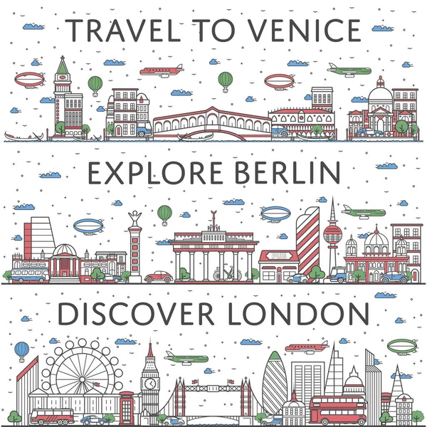 Europejskie Plakaty Podróżnicze Panoramami Berlina Londynu Wenecji Stylu Liniowym Turystyczna — Wektor stockowy