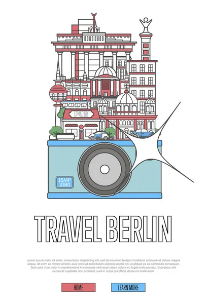 Путешествие Берлин Плакат Известными Архитектурными Достопримечательностями Большой Камере Европейская Реклама — стоковый вектор
