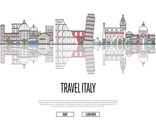 Туристическая Экскурсия Италии Плакат Известными Архитектурными Достопримечательностями Линейном Стиле Концепция — стоковый вектор