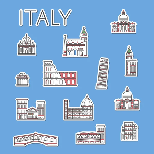 Étiquettes Voyage Italiennes Avec Des Attractions Architecturales Célèbres Dans Style — Image vectorielle