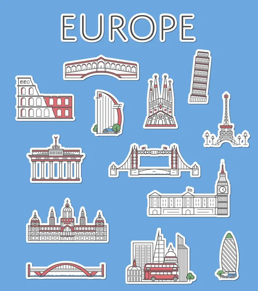 European Traveling Labels Famous Architectural Attractions Linear Style Coliseum Eiffel — Stock Vector